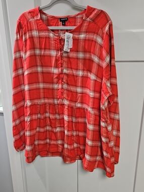 torrid Red and Cream Plaid Button-Front Peplum Blouse